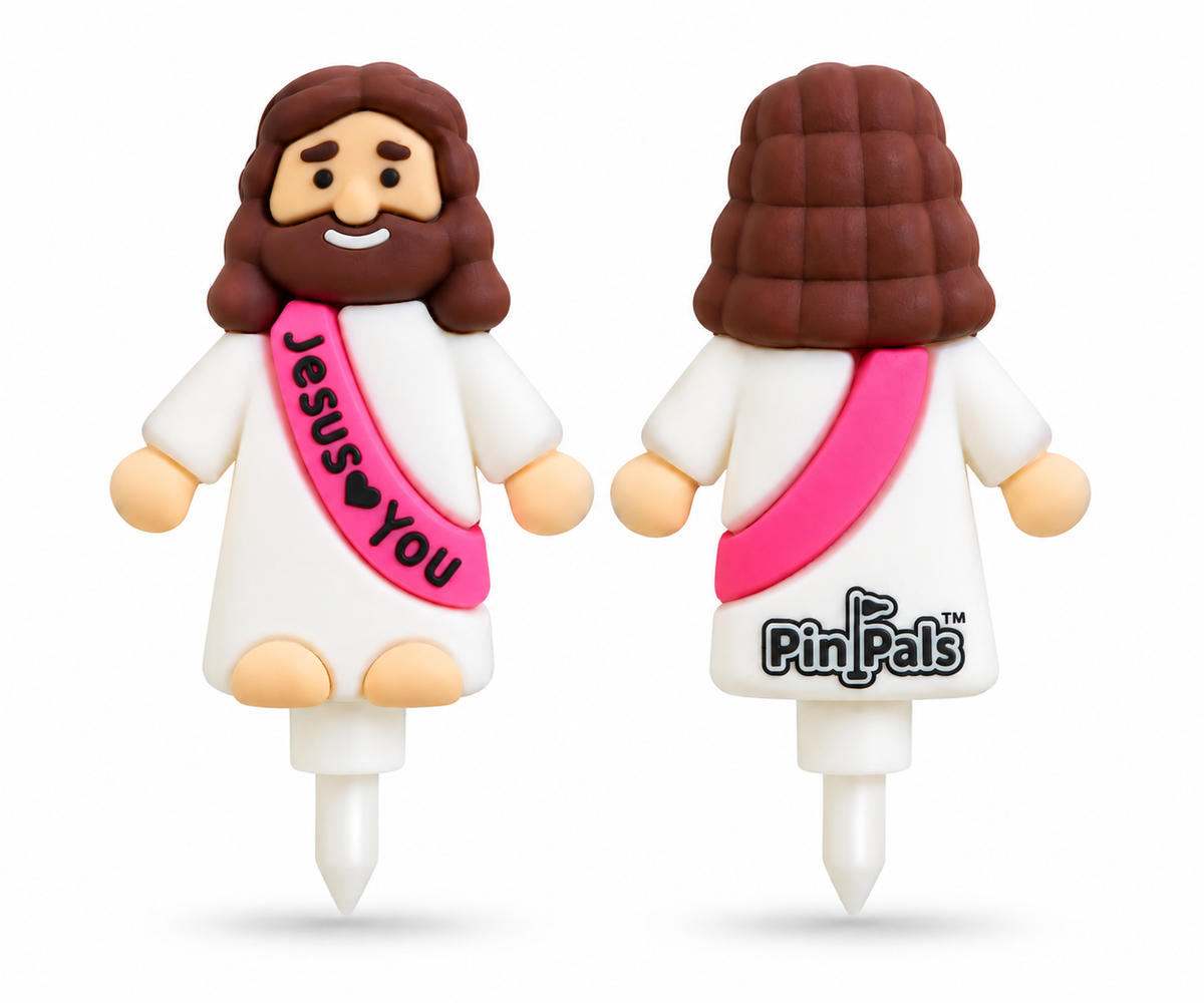 Two small Jesus figurines shown front and back on a white background. The front figure has brown hair and beard, a white robe, and a pink sash that reads 'Jesus ♥ YOU'.