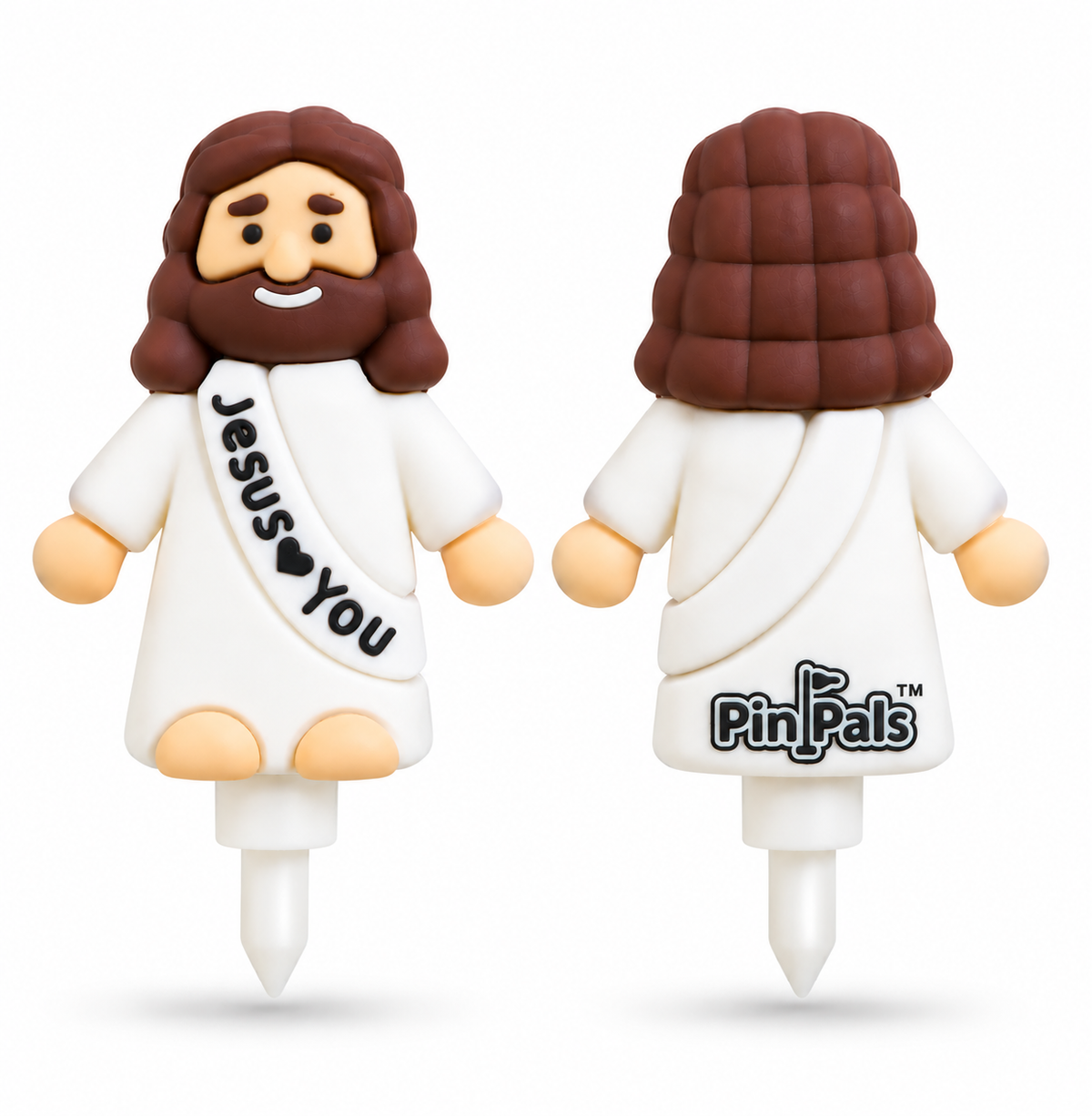 Two small Jesus figurines shown front and back on a white background. The front-facing figure has brown hair and beard, a white robe, peach skin, and a black sash that reads 'Jesus ♥ You.