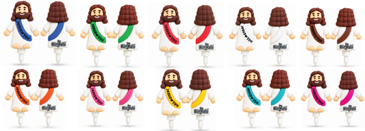 A grid of small figurines resembling Jesus with brown hair and beard, white robes, and colorful sashes in blue, green, red, black, orange, pink, yellow, and turquoise, shown from the back on a white background.
