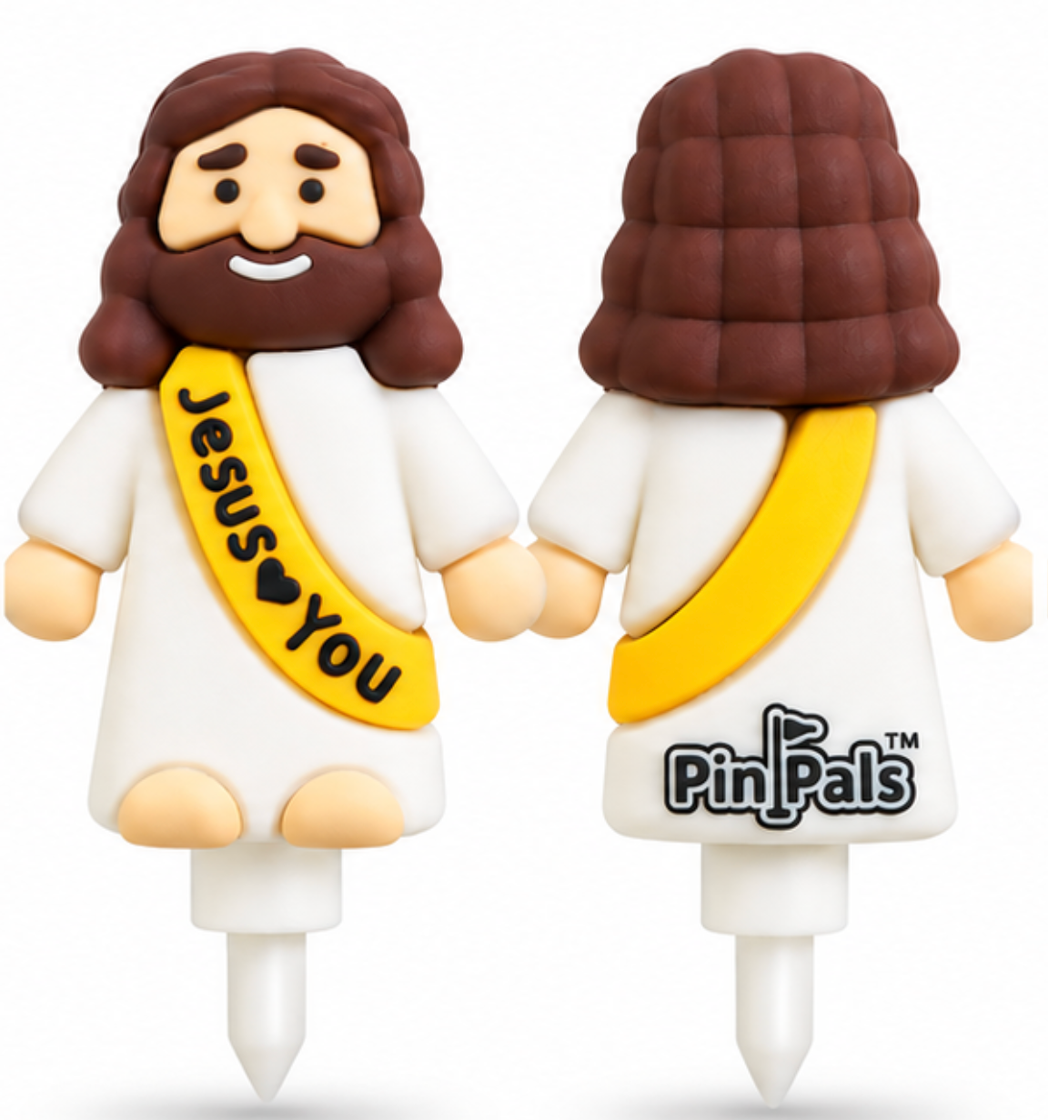 Two Jesus-themed Pin Pals novelty pens shown from the front and back against a white background. The front view shows a brown beard, brown hair, a white robe, and a yellow sash that reads 'Jesus ♥ You'.