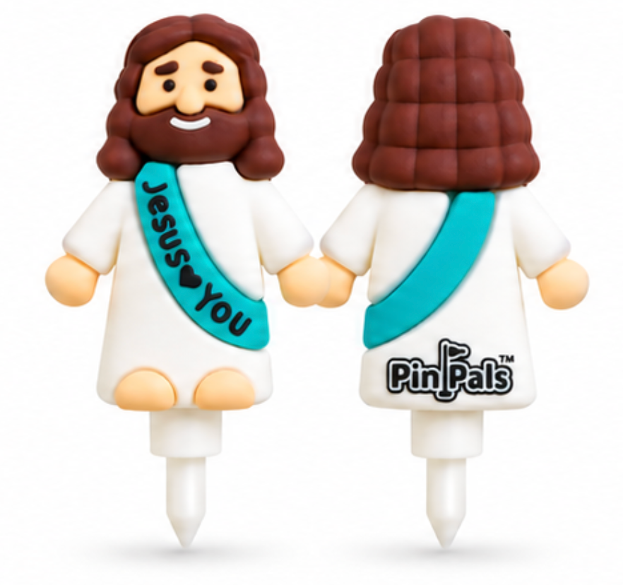 Two small Jesus figurines shown front and back on a white background. The front figure has brown hair and beard, white robe, peach skin, and a turquoise sash reading 'Jesus You'.