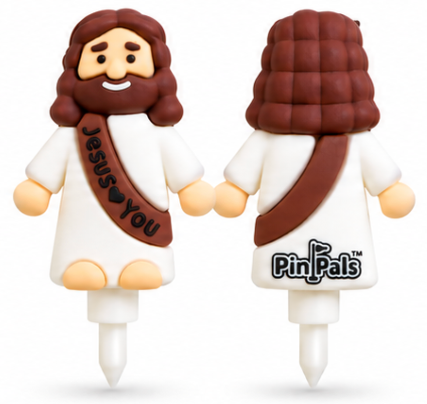 Two small Jesus figurines shown front and back on a white background. The front view shows a smiling face, brown hair and beard, white robe, and a brown sash that reads “Jesus loves you.