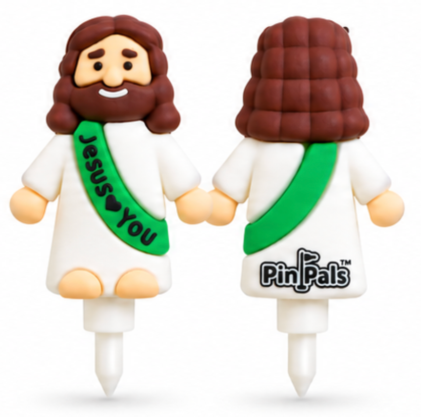 a PVC small Jesus figurines shown front and back on a white background. The front figure has brown hair and beard, a white robe, and a blue sash that reads 'Jesus ♥ You.