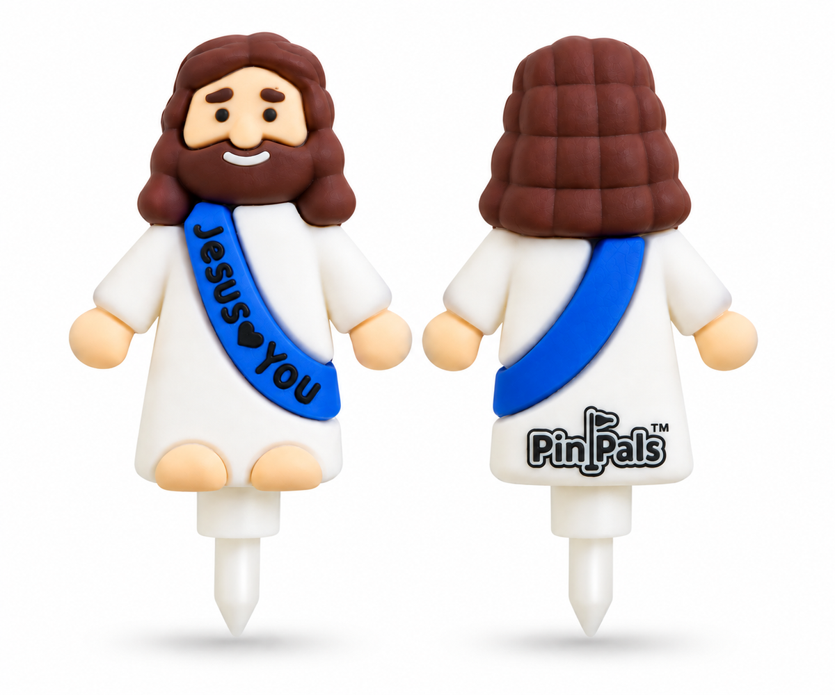 a PVC small Jesus figurines shown front and back on a white background. The front figure has brown hair and beard, a white robe, and a blue sash that reads 'Jesus ♥ You.