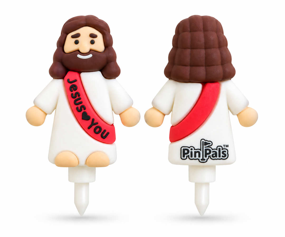 Two small Jesus figurines shown front and back on a white background. The front view shows a white robe, brown hair and beard, and a red sash with the words 'Jesus ♥ You'.